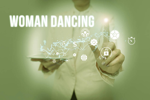 Conceptual caption Woanalysis Dancing. Concept meaning confident that dances gracefully and professionally Lady In Suit Holding Phone And Performing Futuristic Image Presentation. - Photo, Image