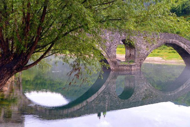 gebogen brug weerspiegeld in de crnojevica rivier, montenegro, Balkan - Foto, afbeelding