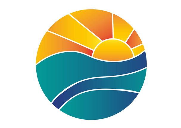 Abstrakte Vorlage mit Sonne-Logo und Meereswellen. Konzeptdesign-Mock-up-Logo für die Reisebranche. Reisebüro-Logo auf Kreis-Meereslandschaft Hintergrund, Sonne und Wellen - Vektor, Bild