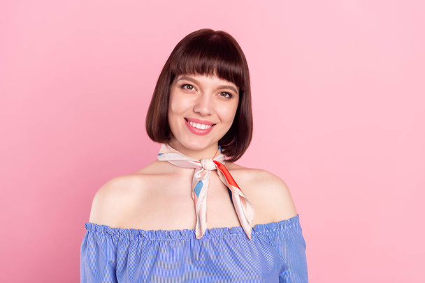 Photo of cheerful nice lovely young woman smile good mood wear off-shoulder blouse isolated on pink color background - Фото, зображення