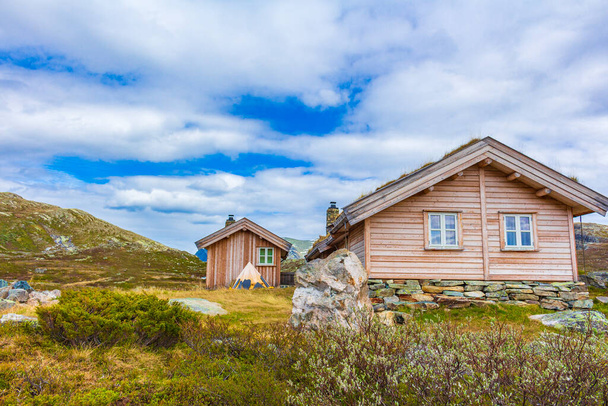 Amazing Vavatn landscape panorama view cottages and mountains with snow during summer in Hemsedal Norway. - Fotoğraf, Görsel
