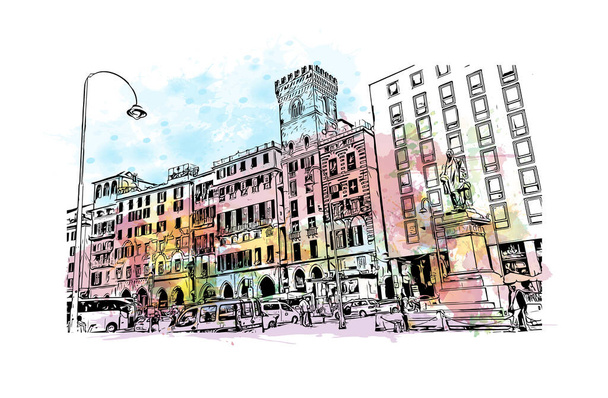 Вид Print Building з орієнтиром Генуї - місто в Італії. Сплеск водяного кольору з накресленим малюнком у векторі. - Вектор, зображення