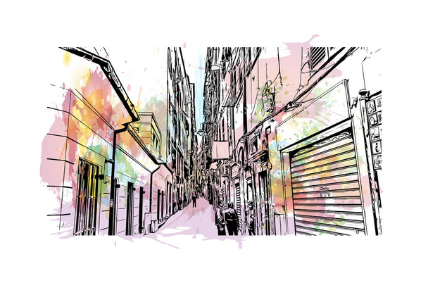 Vytisknout Pohled na budovu s orientačním bodem města Janov je městem v Itálii. Akvarelové stříknutí s ručně kresleným náčrtem ilustrace ve vektoru. - Vektor, obrázek