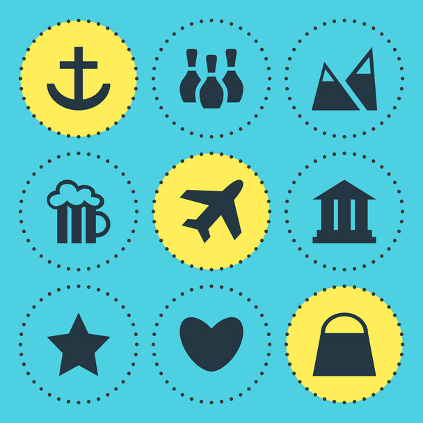 Vector illustration of 9 travel icons. Editable set of academy, bowling pins, star and other icon elements. - Vecteur, image
