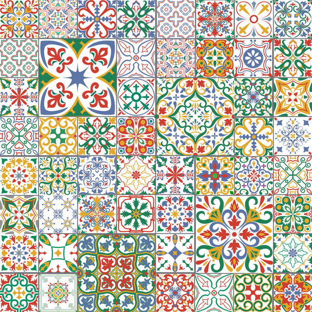Big set of tiles background. Mosaic pattern for ceramic in dutch, portuguese, spanish, italian style. - Vector, Image
