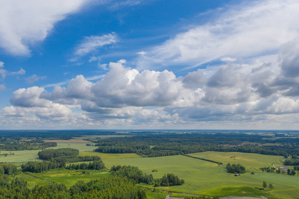 Вид с воздуха на зеленые леса, окруженные зелеными сельскохозяйственными полями. Голубое небо с белыми облаками - Фото, изображение