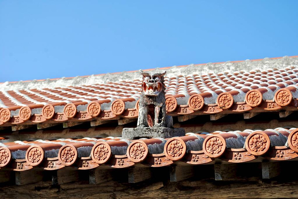 Окінавська шиза розташована на традиційному окінавському даху червоної керамічної плитки. Шиса - традиційний Рюкюанський культурний артефакт, що походить від китайських левів-охоронців, щоб відганяти злих духів. - Фото, зображення