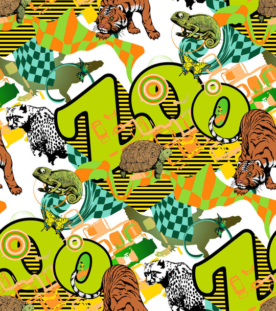 Seamless pattern. Drawn lettering zoo and chameleon, tiger and leopard on a white background - Vecteur, image