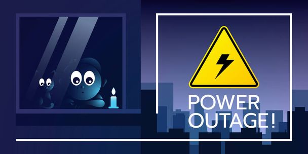 La bannière web d'une panne d'électricité avec un panneau d'avertissement en arrière-plan de la ville sans électricité il y a aussi un enfant avec un chat dans la fenêtre regarde fixement. - Vecteur, image