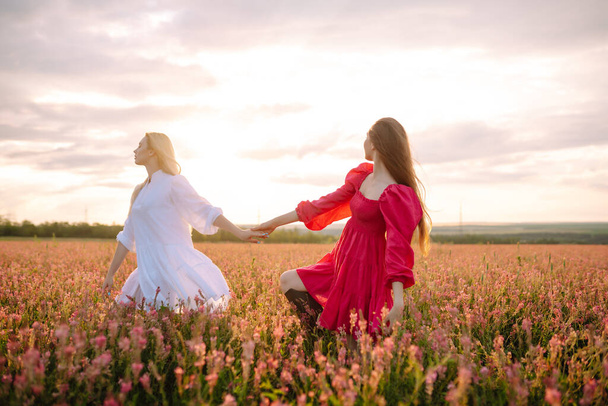 Portrait of two fair-haired girls in fashionable and stylish dresses in the blooming field. Nature, vacation, relax and lifestyle. Fashion concept. - Foto, immagini