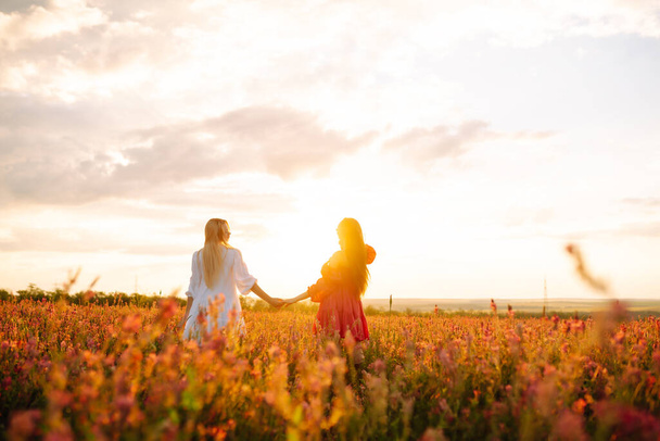 Portrait of two fair-haired girls in fashionable and stylish dresses in the blooming field. Nature, vacation, relax and lifestyle. Fashion concept. - Photo, image