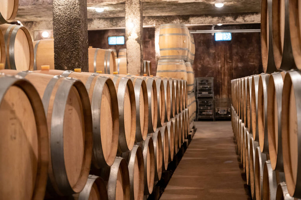 Przechowywanie przez lata suchego czerwonego wina w nowych dębowych beczkach w jaskiniach w Burgundii, z winogron pinot noir, kosztowna francuska produkcja wina - Zdjęcie, obraz