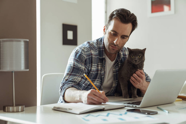 Nuori mies liikemies kissansa kanssa työskennellessään etänä kannettavan tietokoneen kanssa, joka istuu kotona keittiössä pöydässä, kirjoittaa kynällä muistikirjaan.. - Valokuva, kuva