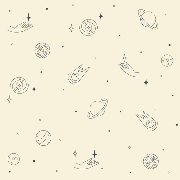 Nahtloses Muster. Kosmische Objekte gesetzt. Handgezeichnete Vektor-Doodles. Esoterische Symbole. Weltraumsammlung - Vektor, Bild