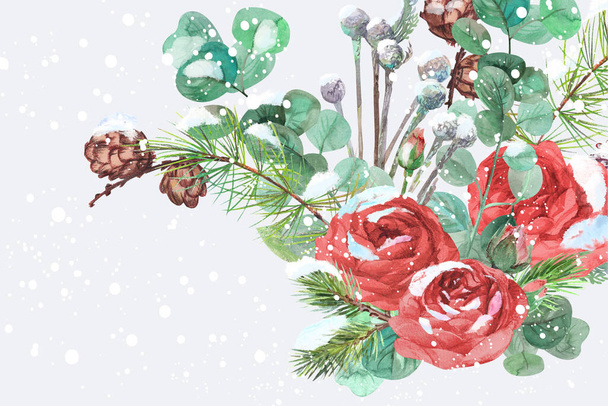 Різдвяний акварельний горизонтальний шаблон карти з акварельним букетом з троянд і гілок дерева
 - Фото, зображення