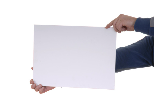 Mano sosteniendo tarjeta en blanco en fondo blanco
 - Foto, imagen