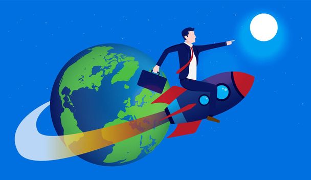 Businessman on rocket in space, pointing forward with earth in background. Business way forward concept. Vector illustration - Vektor, kép