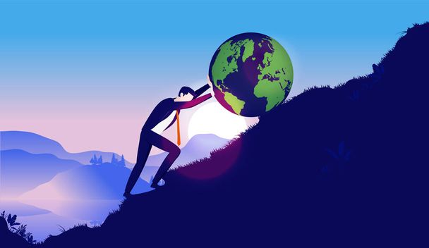 Businessman pushing earth up hill - Man working hard to earth up mountain. Business responsibility and globalisation concept - Vector, Image