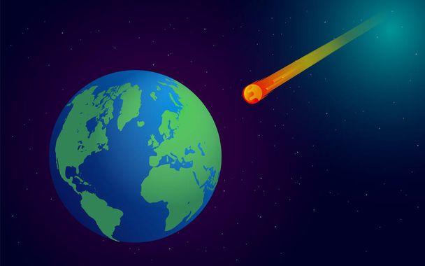 Asteroid towards earth vector illustration - A comet about to crash into our planet, view from space - Vetor, Imagem