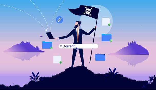 Pirata de Internet - hombre de negocios con bandera pirata que sostiene el ordenador portátil y la descarga de archivos y software. Concepto de piratería online. Ilustración vectorial - Vector, Imagen