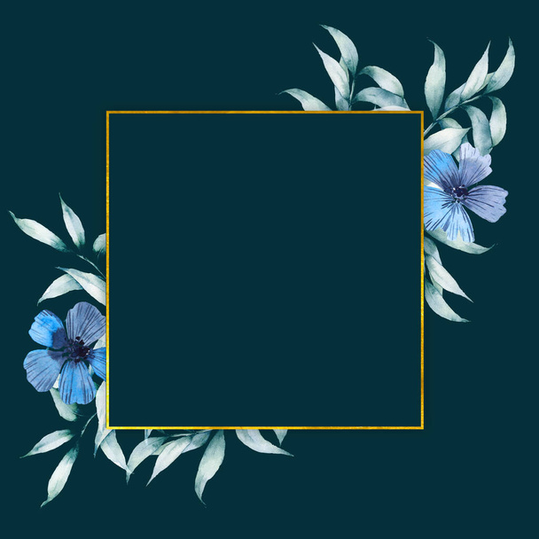 Groene bladeren en blauwe bloemen doodles - botanische design banner. Bloemen aquarel, bloemrand - Foto, afbeelding