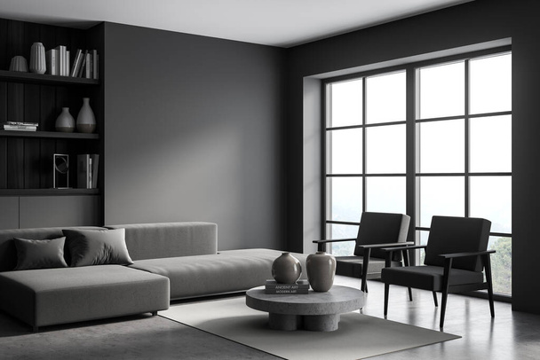 Dark grey living room interior with couch, two armchairs, coffee table, cabinet with open shelves, panoramic window and concrete floor. Concept of modern interior design. 3d rendering - Zdjęcie, obraz