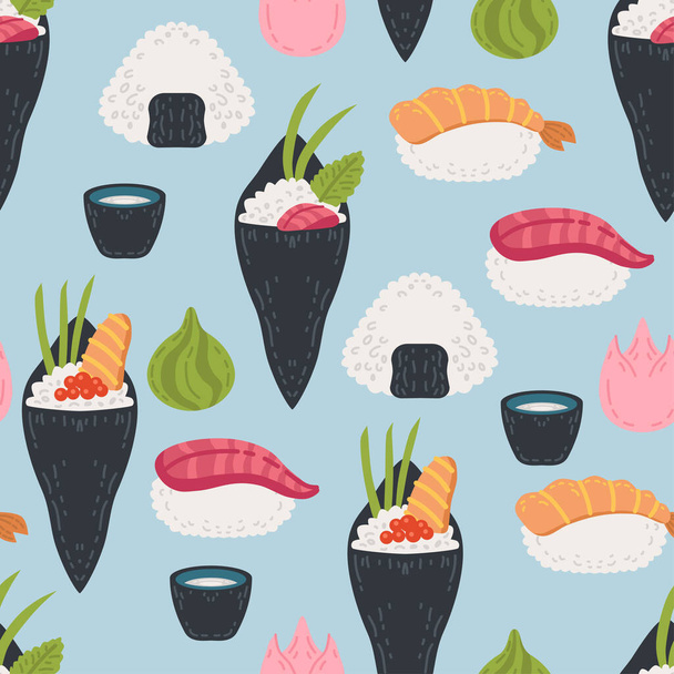 シームレスな柄のカワイイロールと寿司の背景。海の食デザインテンプレート - ベクター画像