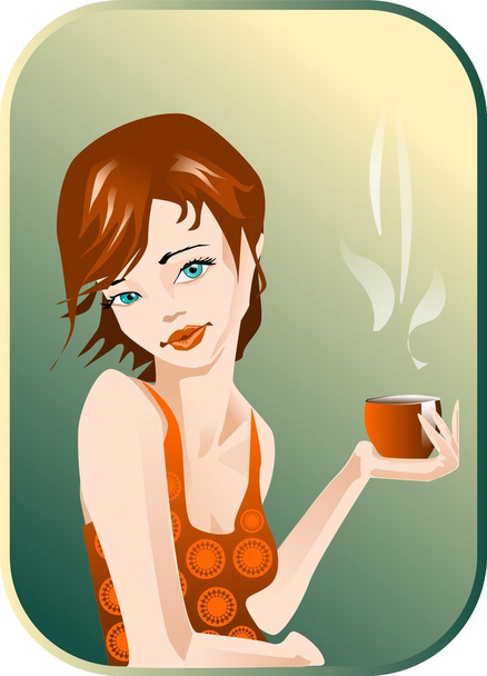 bir fincan kahve ile bir kadının çizimi. - Vektör, Görsel
