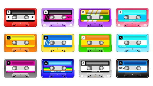 Multi χρώμα της κασέτας ήχου, ρετρό κασέτα, κρασιά, τραγούδι ή μουσική της δεκαετίας του 1980, παλιά συλλογή στη δεκαετία του 1980, απομονωμένη  - Διάνυσμα, εικόνα