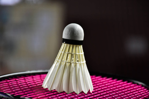 Badminton raketi ve badminton kortunda beyaz badminton topu yakından görülüyor. Mekik siki üzerine yumuşak ve seçici odaklanma. - Fotoğraf, Görsel