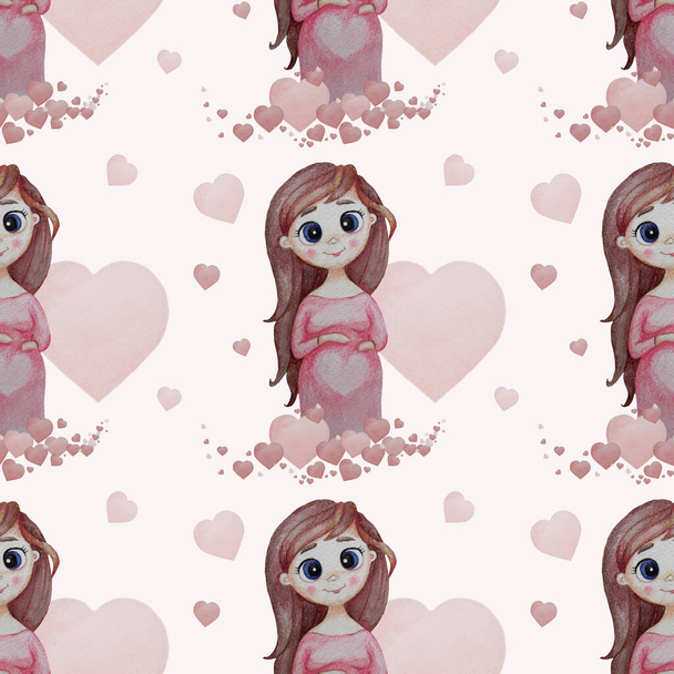 Padrões sem costura. Menina grávida feliz bonito com cabelos longos em vestido rosa em um fundo branco com corações rosa concurso. Aquarela. Desenho à mão livre Para papel de parede, têxteis, decoração e embalagem - Foto, Imagem