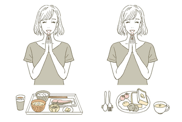 Beauty Illustration of a woman eating Japanese and Western breakfast - Vector, Image