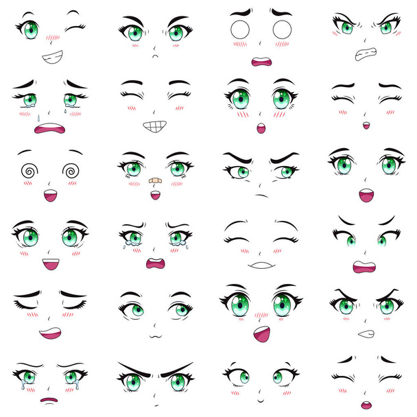 Аниме женские персонажи лица kawaii выражения. Манга женщина рот, глаза и брови векторные иллюстрации набор. Мультфильм аниме девушки эмоции - Вектор,изображение