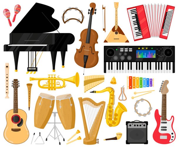 楽器。漫画の音楽バンド楽器、ピアノ、ドラム、ハープとシンセサイザーベクトル記号を設定します。オーケストラ・クラシック楽器 - ベクター画像