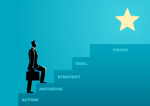 Business concept illustrazione di un uomo d'affari passi sulle scale per il successo - Vettoriali, immagini