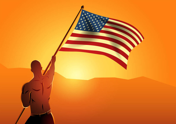 Ilustración vectorial de un hombre musculoso con la bandera de Estados Unidos, día de la independencia, 4 de julio, patriotismo - Vector, Imagen