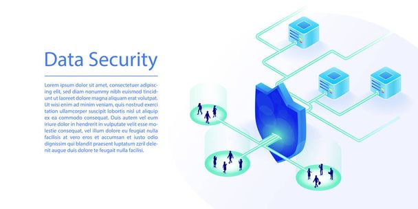 Data cloud computing security concept. 3D isometric vector illustration of a cloud data center protected by IT security shield. - Vector, Image