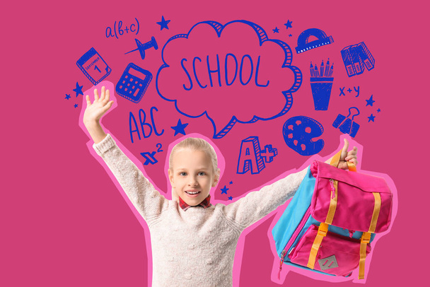 Onnellinen pieni koulutyttö värillä taustalla - Valokuva, kuva