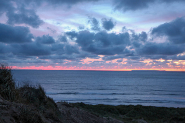 Panoramic view from the sand dunes of Croyde bay out to sea and over to Lundy island in the Severn estuary - Photo, Image