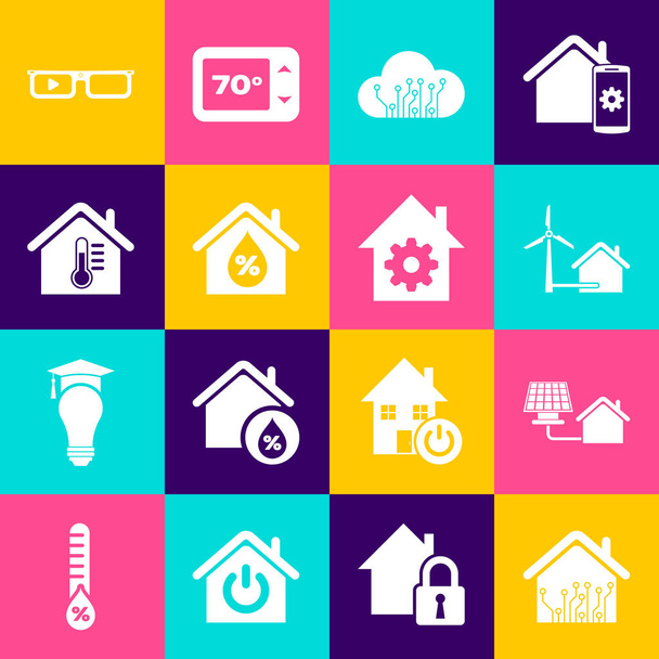 Zestaw Inteligentny dom, Dom z panelem słonecznym, turbina wiatrowa, Internet rzeczy, wilgotność, temperatura, okulary i ustawienia ikona. Wektor - Wektor, obraz
