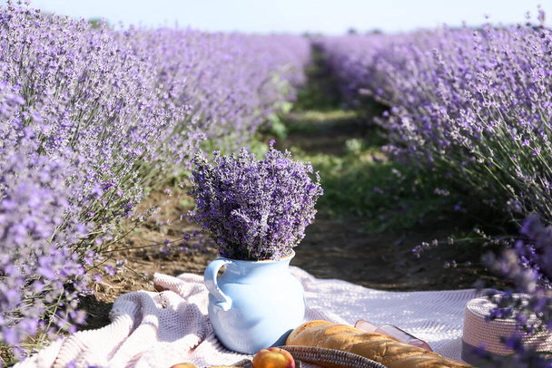 džbán s levandulovými květy a chutné jídlo pro romantický piknik v terénu - Fotografie, Obrázek