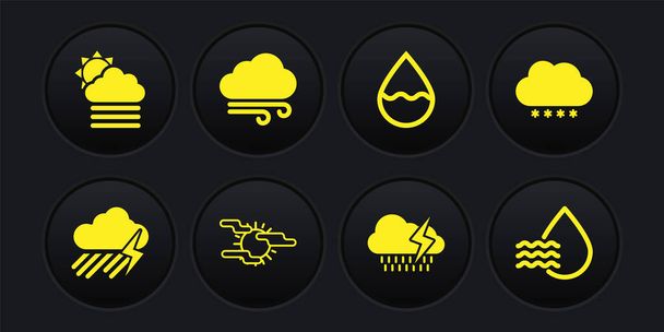 雨や雷、雪、霧の太陽、水のドロップと風の天気アイコンと雲を設定します。ベクトル - ベクター画像