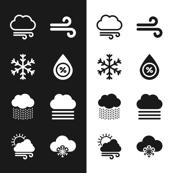 水滴の割合、雪の結晶、風の天気、雨と霧と雲のアイコンと雲を設定します。ベクトル - ベクター画像