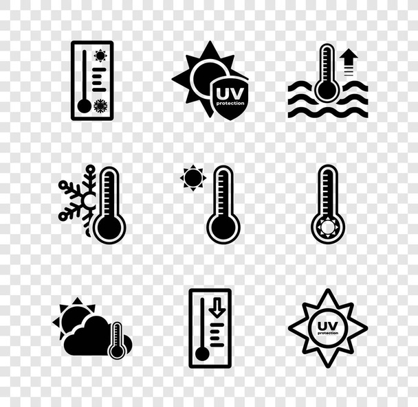 Állítsa Meteorológiai hőmérő, UV védelem, víz, hőmérő és felhő, nap, hópelyhek és ikon. Vektor - Vektor, kép