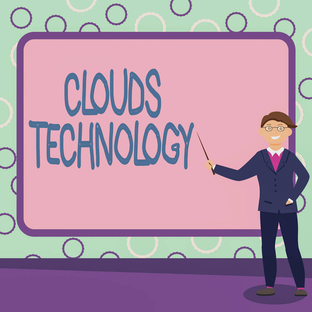 Концептуальний підпис Технологія хмар. Концепція, що означає ресурси, отримані з Інтернету через веб-орієнтований абстрактний професор дає лекції, пояснюючи та звітуючи концепцію
 - Фото, зображення