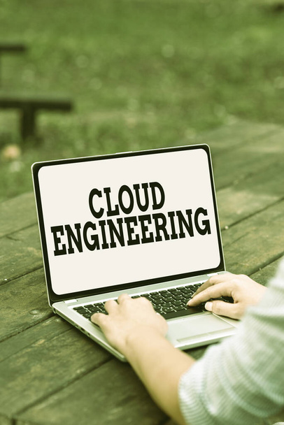 Firma la visualizzazione di Cloud Engineering. Applicazione concettuale delle discipline ingegneristiche al cloud computing Funzionalità di chiamata vocale e video per connettere le persone - Foto, immagini