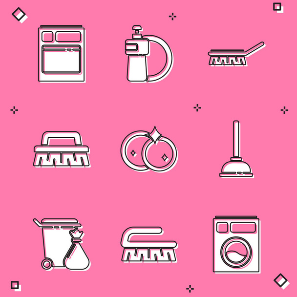 Set Kitchen dishwasher machine, Dishwashing liquid bottle and plate, Brush for cleaning, Washing dishes, Rubber plunger, Trash can garbage bag and icon. Vector - Vector, Image