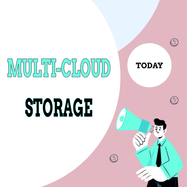 Знак, показывающий Multi Cloud Storage. Концепция Интернета использование нескольких облачных вычислений и услуг хранения абстрактных данных Отображение различных методов ввода, обработки клавиатурных данных - Фото, изображение
