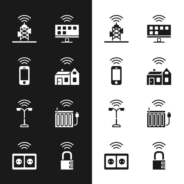 Aseta Smart kotiin langaton, Langaton älypuhelin, antenni, Tv-järjestelmä, katuvalo, lämmityspatteri, turvallinen yhdistelmä lukko ja pistorasiaan kuvake. Vektori - Vektori, kuva