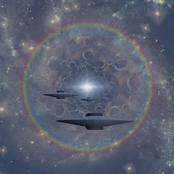 Ιπτάμενοι δίσκοι στη διαστημική πύλη. 3D απόδοση - Φωτογραφία, εικόνα